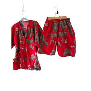 Japanese Womens Size Medium Red Cotton Traditional Pajama Set Vintage